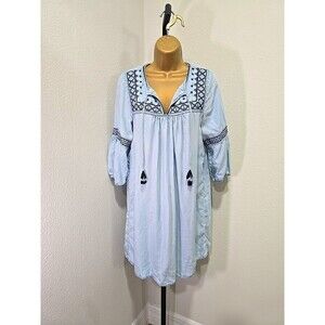 LOGG Boho Peasant Prairie Tassels Embroidered Chambray Dress Womens Size 6 Blue